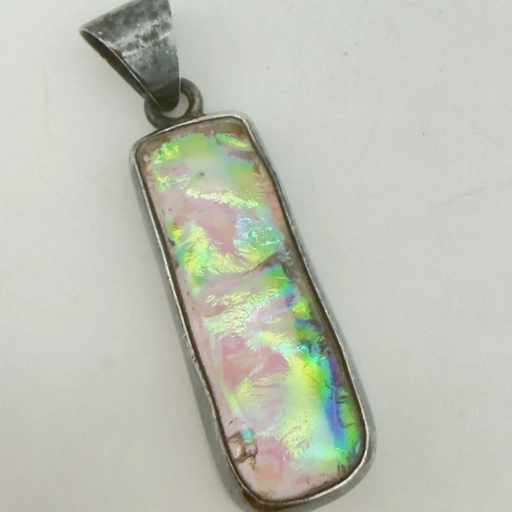 Vtg Charles Albert Opalacence Dichroic Art Glass  Pendant Fine Streling Modernis